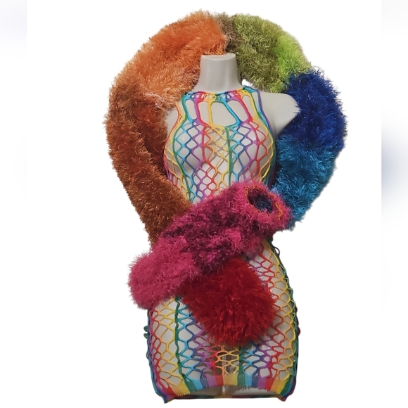 Hand Crafted Eyelash yarn Furry Knit Scarf Rainbow faux Fur LGBTQA+ Boa Scarf - Picture 4 of 17